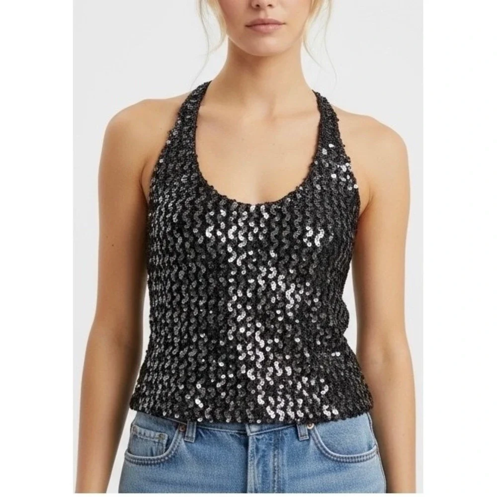 VTG Sparkly Sequin Halter Top M Sleeveless Glittery Party Night Club Disco Y2K - Picture 4 of 15